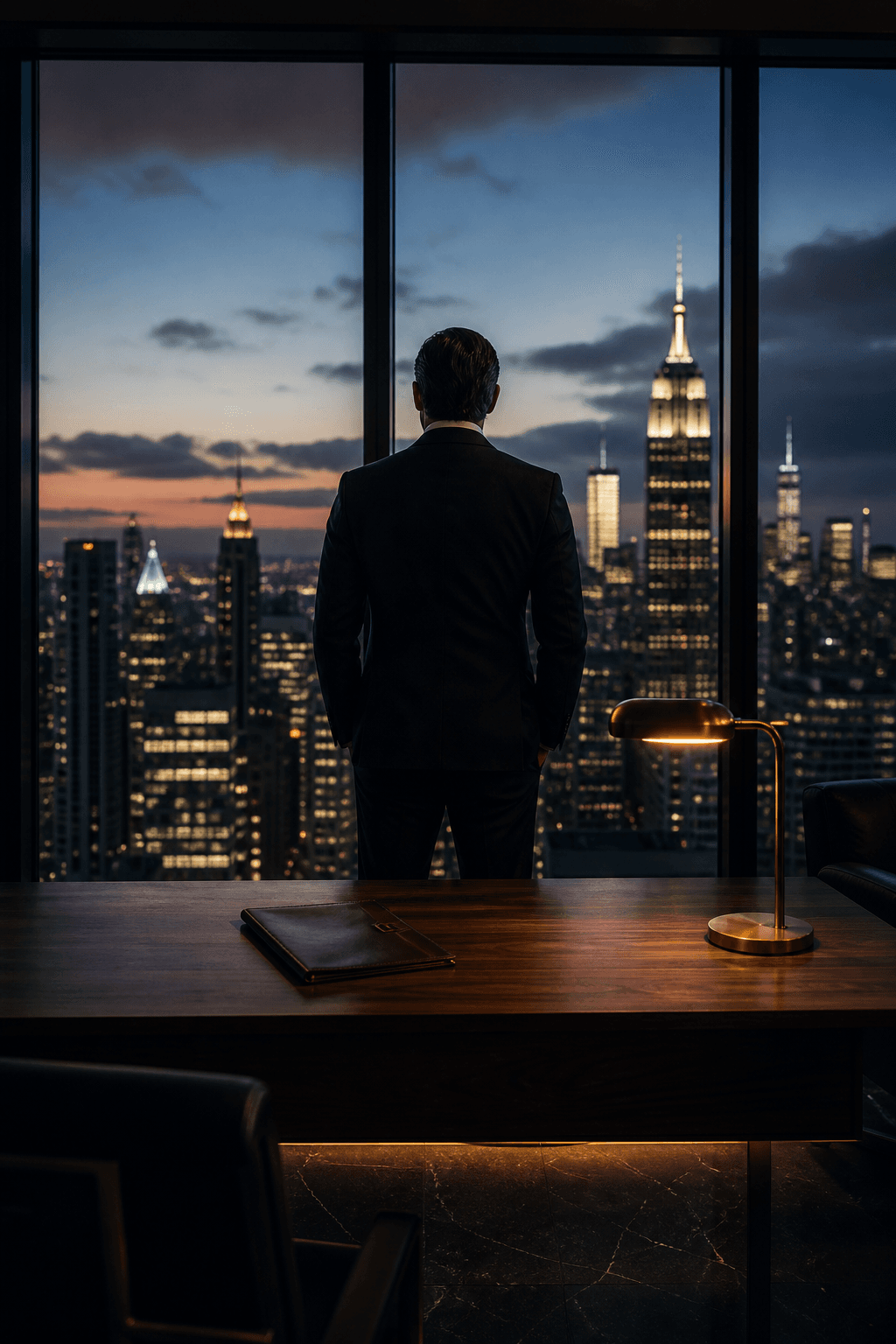 A founder in a dark penthouse office at dusk, looking out over the city.