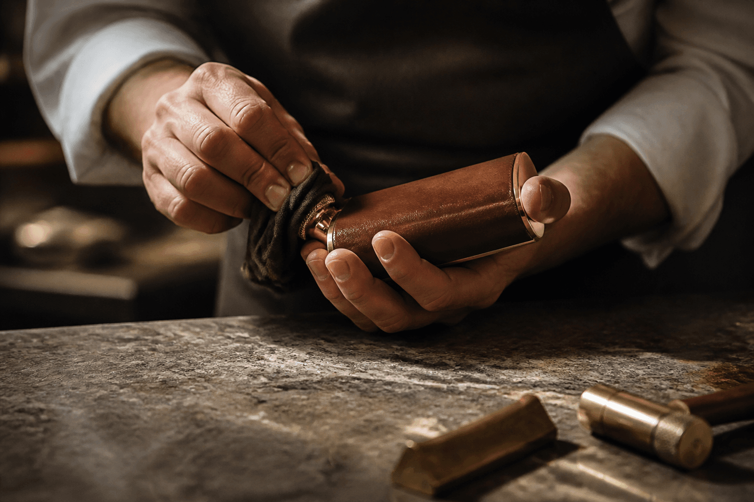 A craftsman’s hands finishing a leather-and-brass object — the partner network as made work, not a directory.