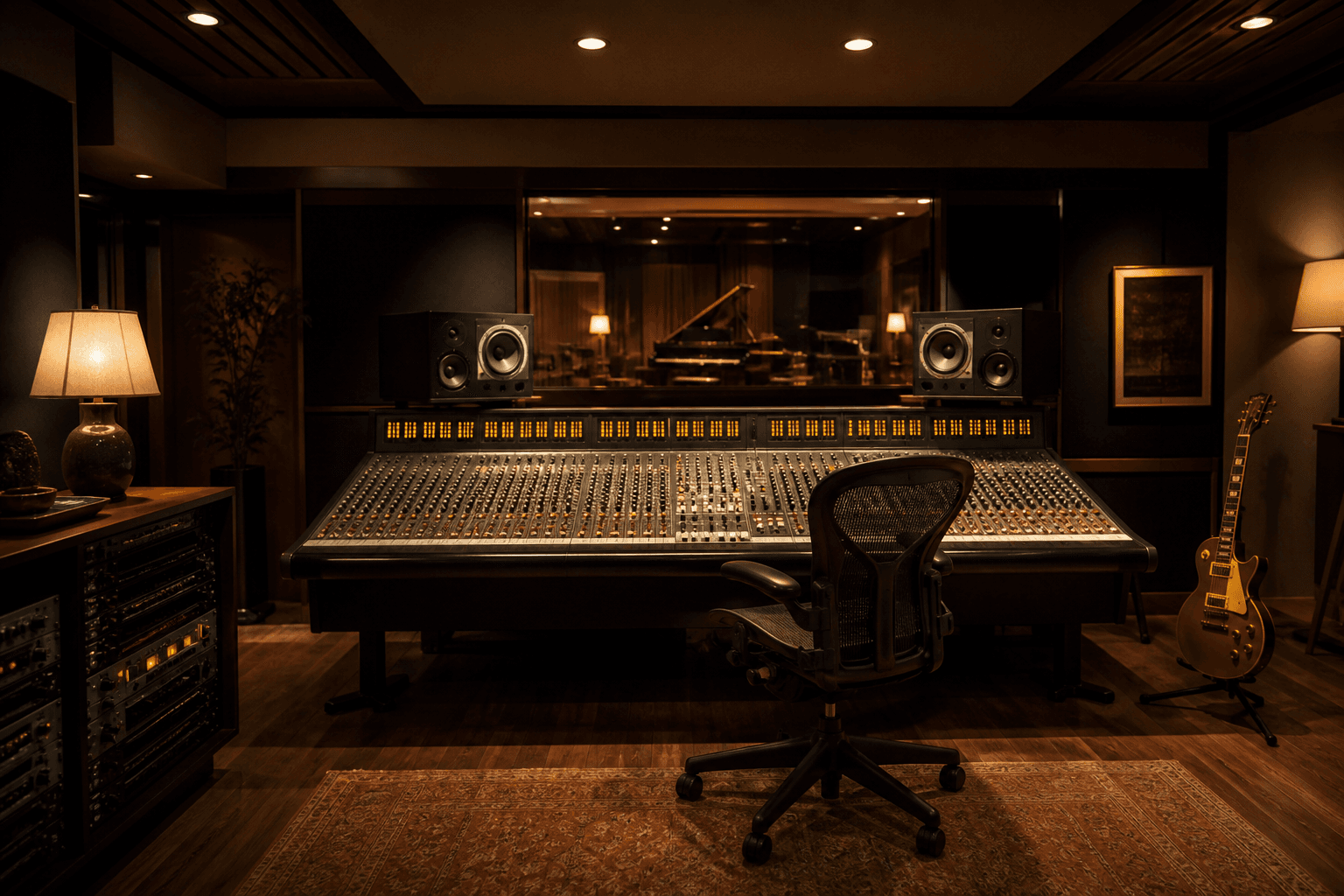A private recording studio at night: analog console, monitors, and a single guitar.