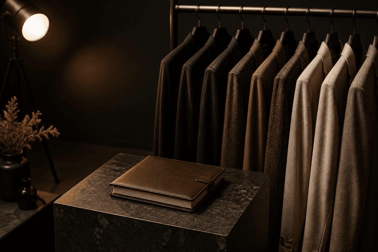 A dark brand studio: garments on a rail, a lookbook on stone, a single spotlight.