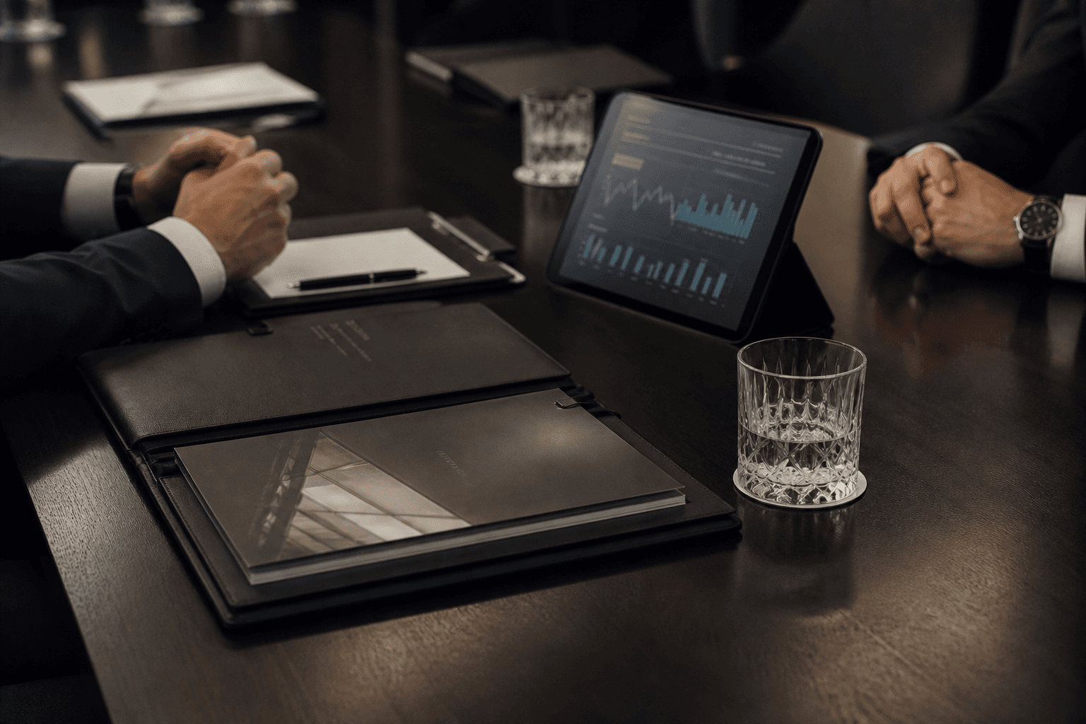 A private capital table: investment folders, a tablet of charts, and hands in a quiet meeting.