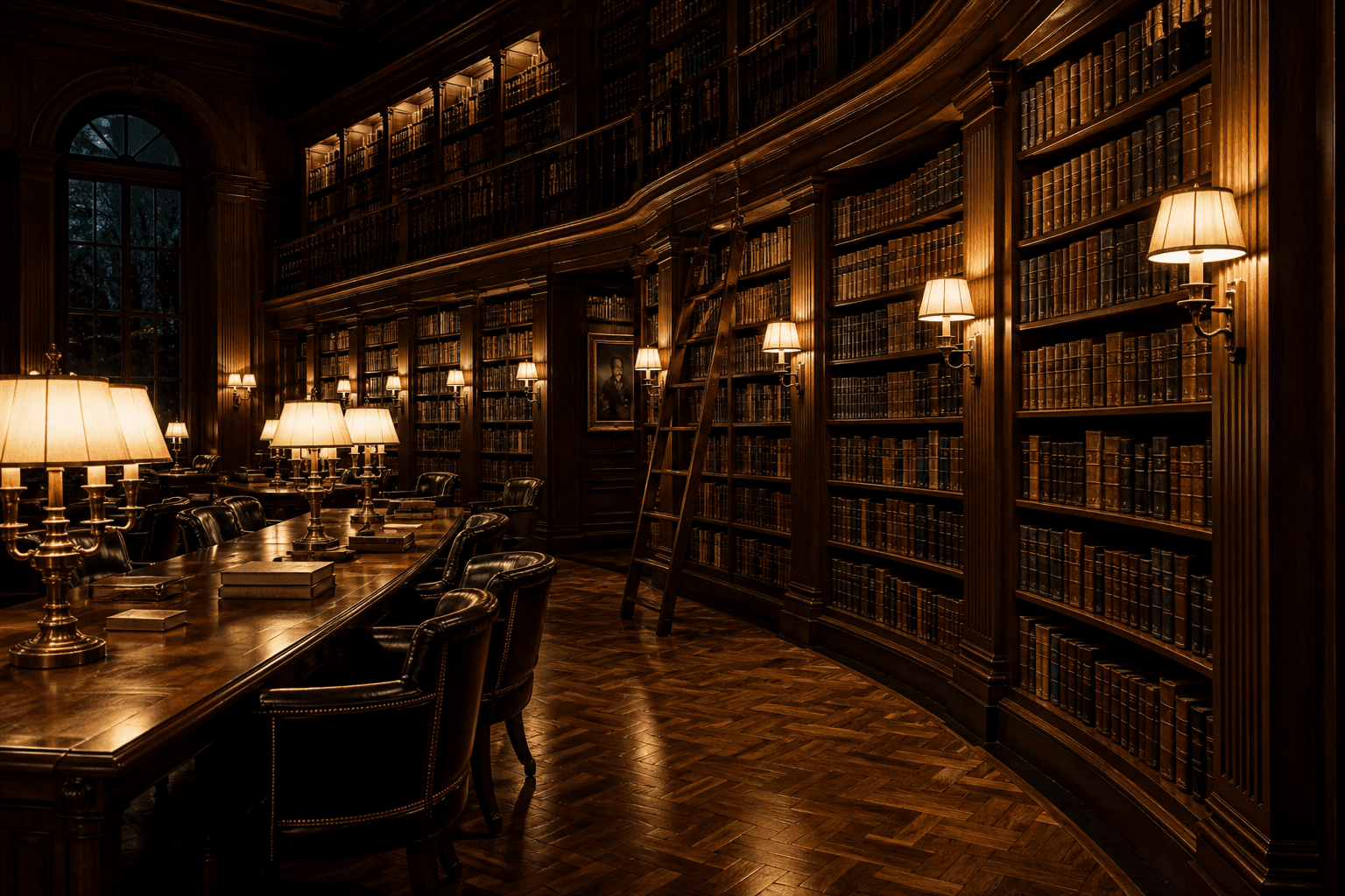 A grand private library at night: dark wood stacks, leather volumes, and warm brass lamps.
