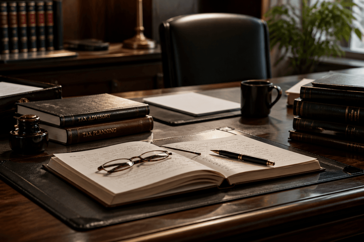 A quiet tax-advisory desk with leather-bound ledgers, a fountain pen, and warm lamp light.