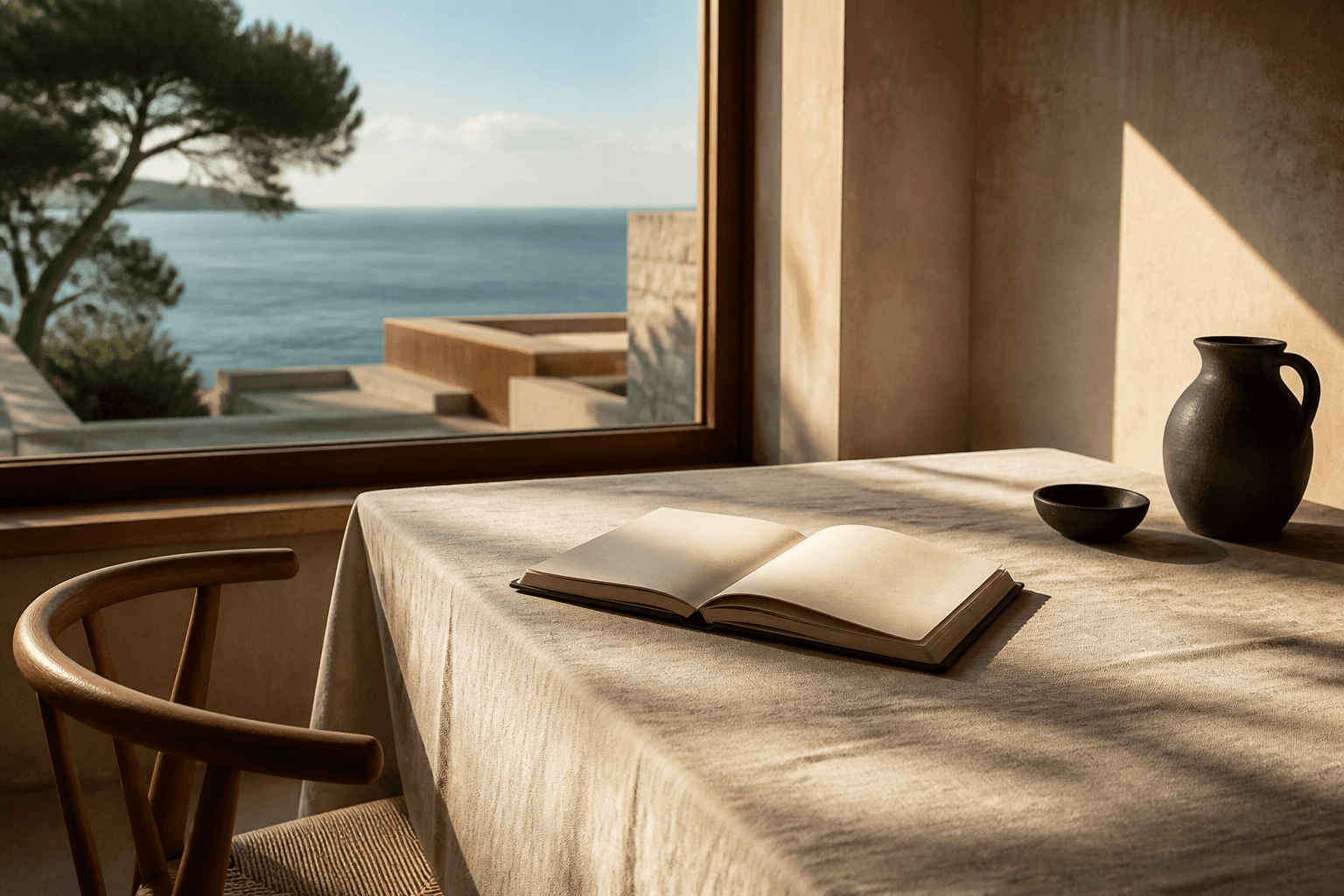 A linen table by a window with an open notebook — correspondence that stays private.