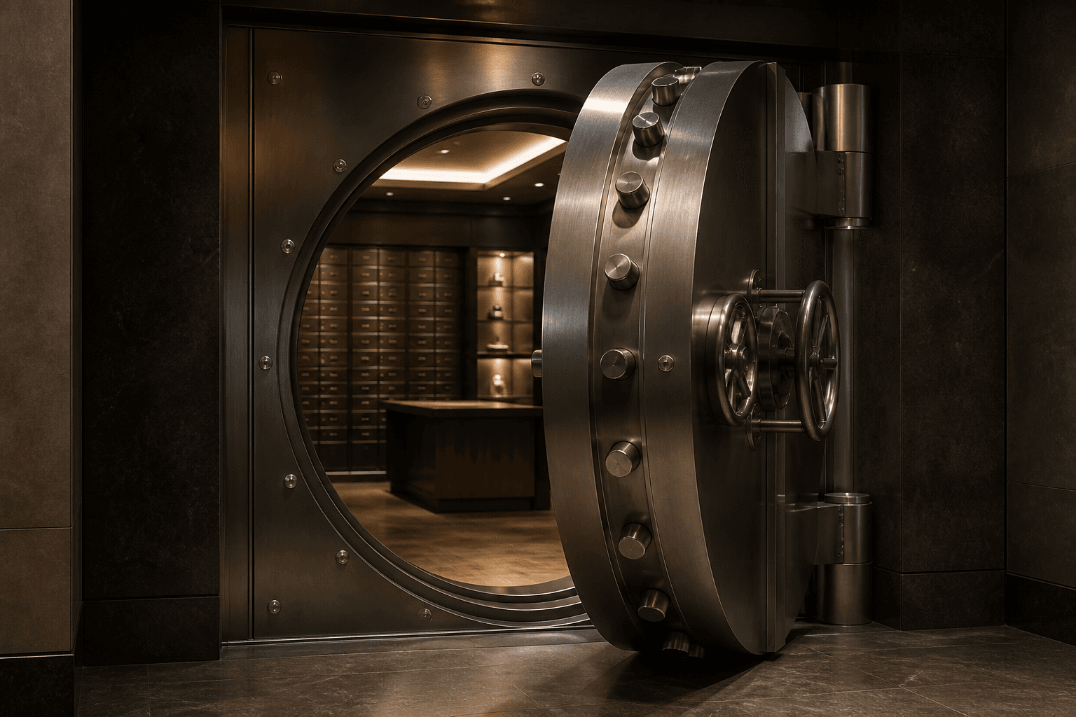 The interior of a private vault: circular steel door, precision bolts, and quiet metal light.